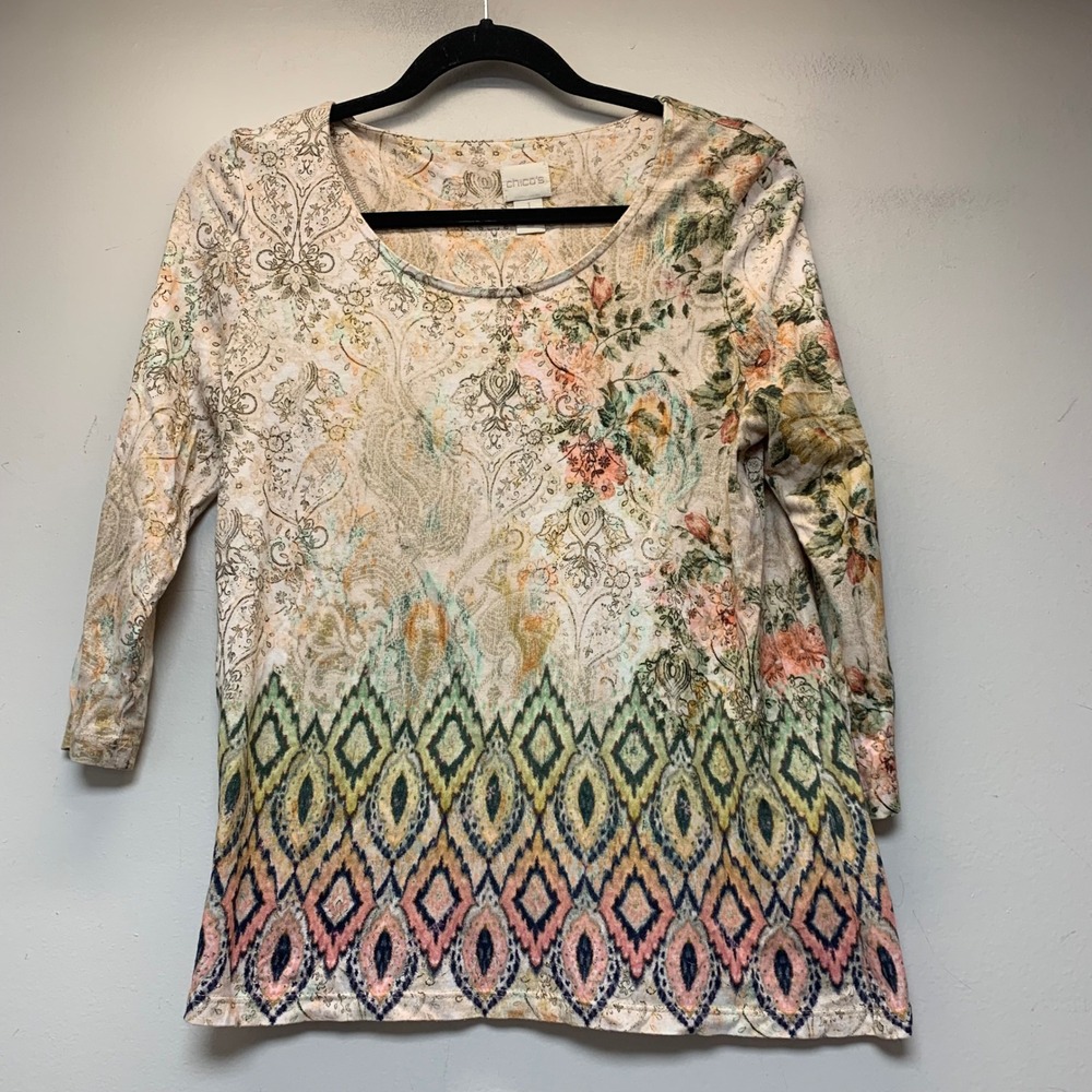 Chico's Top Women 1 Medium Multicolor Excellent Floral Paisley Ikat 3/4 Sleeve